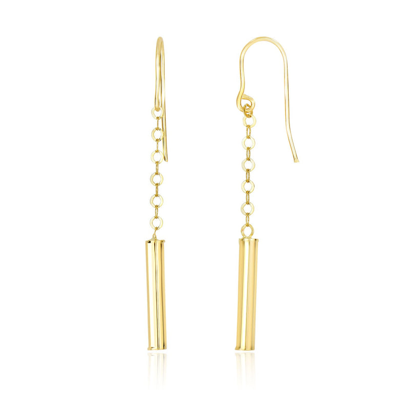 14K Yellow Gold Chain Drop Earrings with Shiny Cylinders