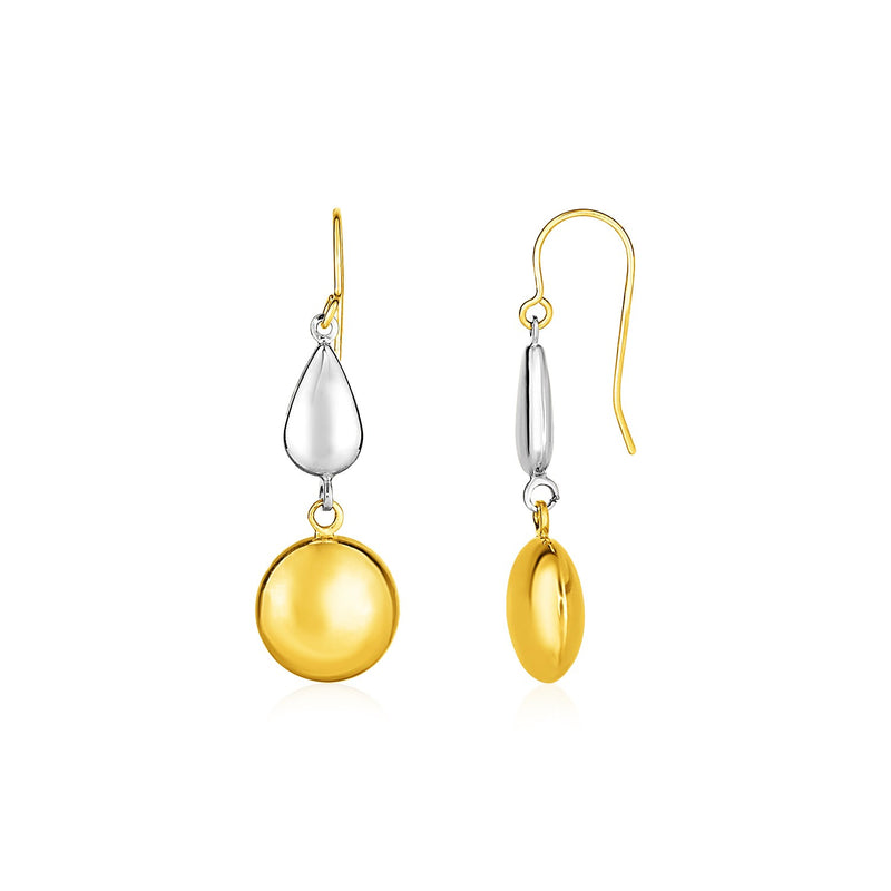 Two-Tone Puffed Teardrop and Round Drop Earrings in 10K Yellow and White Gold