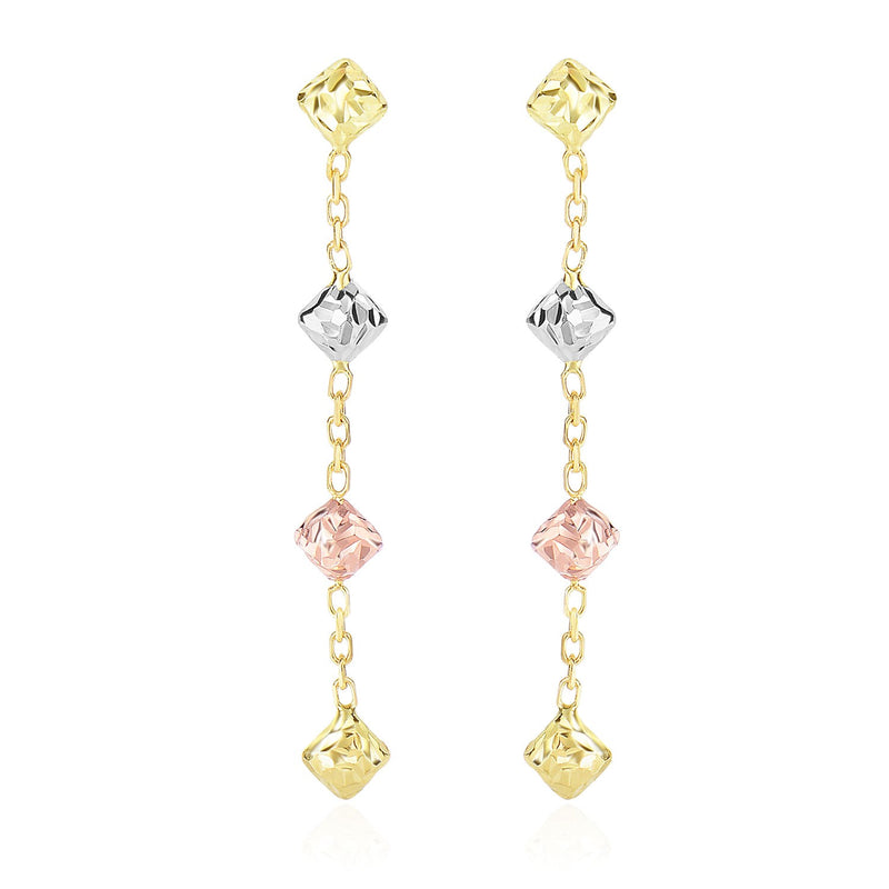 14K Tri-Color Gold Diamond Shape with Diamond Cuts Chain Dangling Earrings