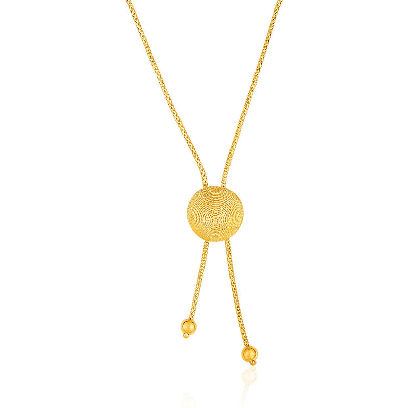 14K Yellow Gold Adjustable Lariat Necklace with Textured Round Dome