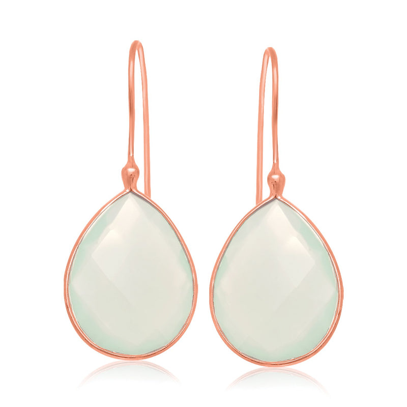 Sterling Silver Rose Gold Plated Dangling Earrings with Teardrop Aqua Chalcedony