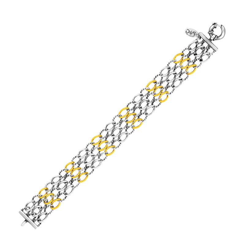 18K Yellow Gold & Sterling Silver Curb Chain Multiple Row Bracelet