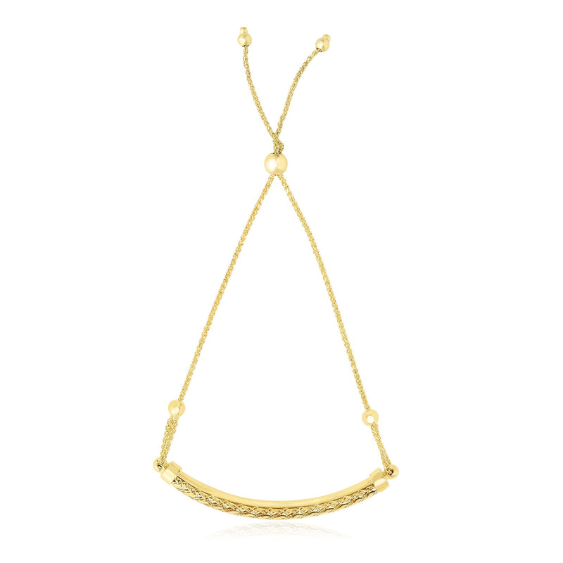 14K Yellow Gold Curved Textured Bar Adjustable Lariat Bracelet