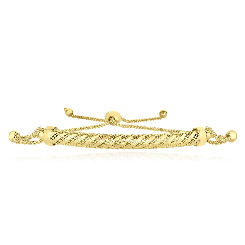 14K Yellow Gold Curved Textured Bar Adjustable Lariat Bracelet