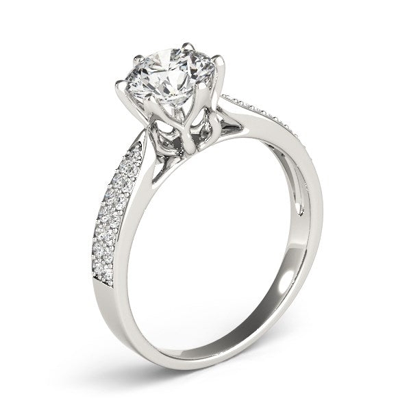 Six Prong 14K White Gold Round Diamond Engagement Ring with Pave Band (1 5/8 ct. tw.)