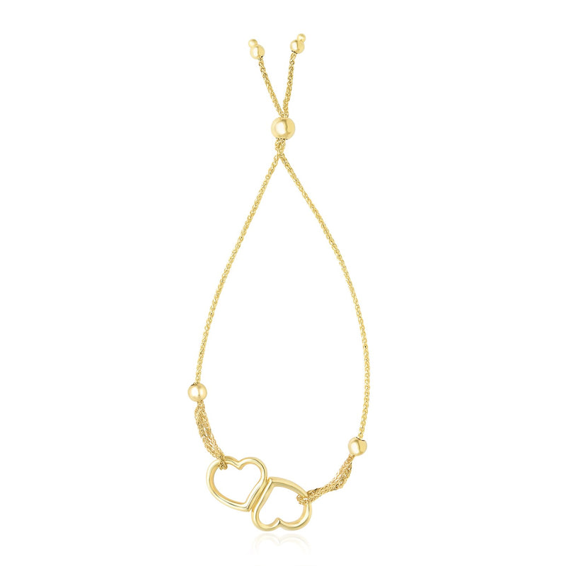 14K Yellow Gold Conjoined Open Heart Adjustable Lariat Style Bracelet