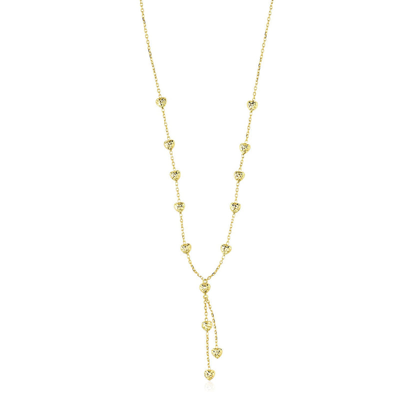 14K Yellow Gold Puffed Heart Station Diamond Cut Lariat Style Necklace