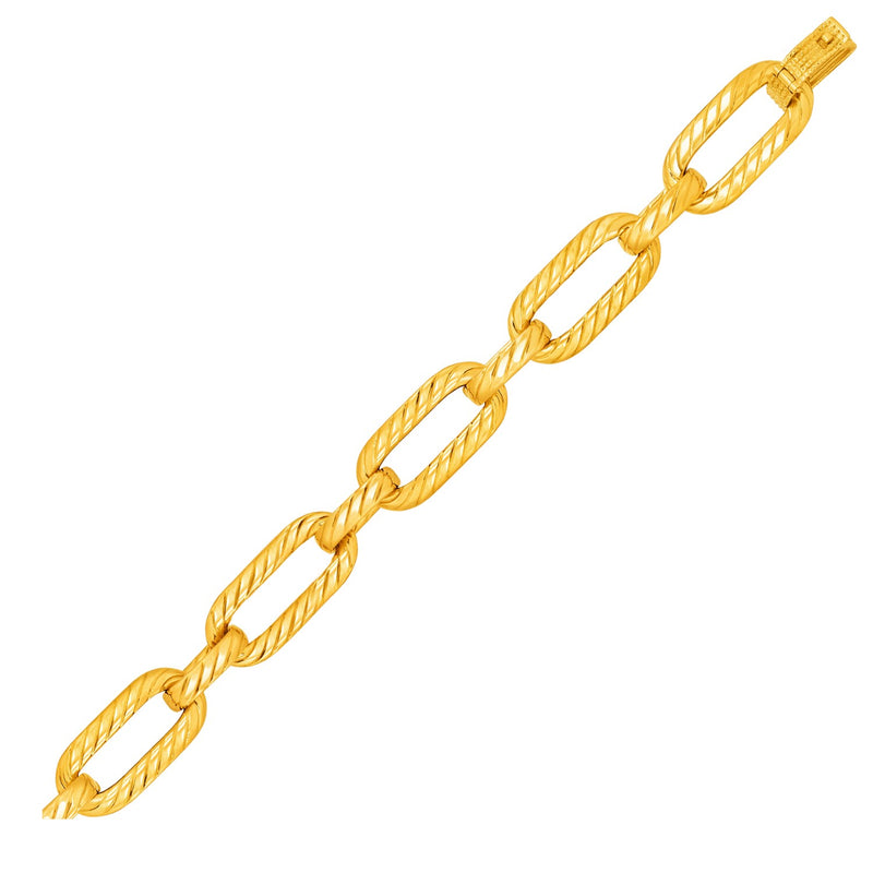 14K Yellow Gold Textured Long Oval Link Bracelet