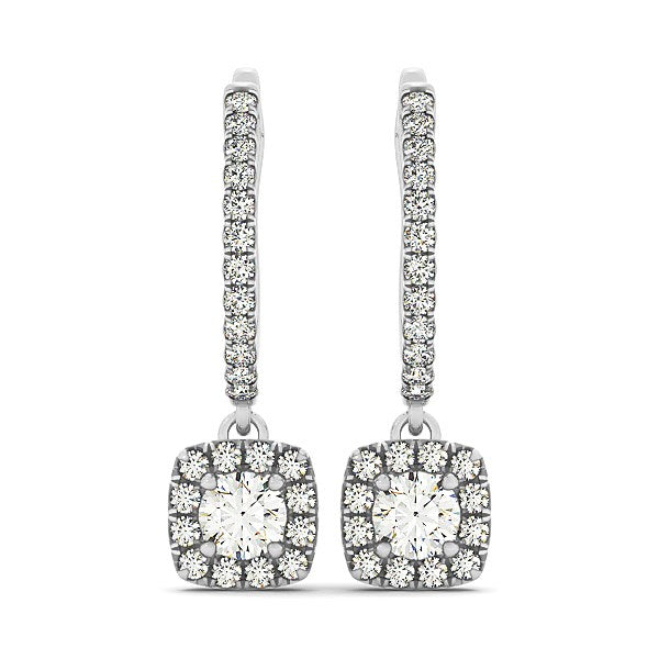 Cushion Shape Halo Style Diamond Drop Earrings in 14K White Gold (1/2 ct. tw.)