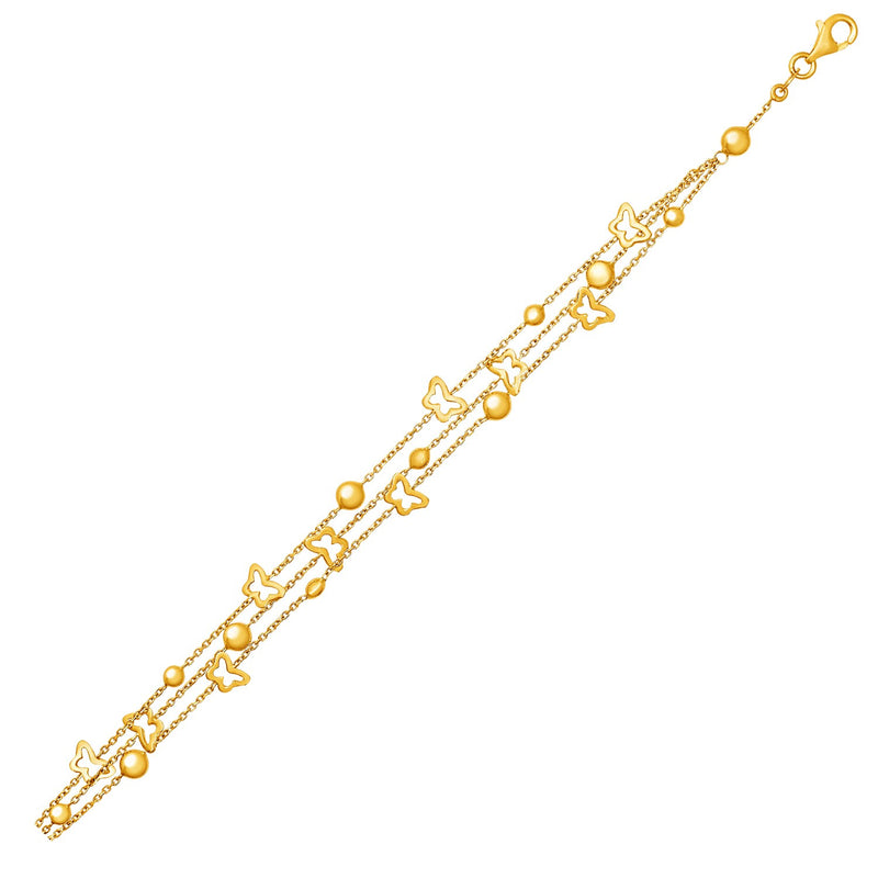 14K Yellow Gold Ball and Butterfly Triple Strand Bracelet