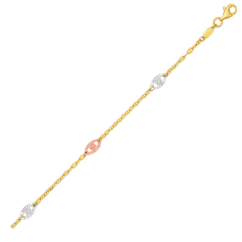 14K Three-Toned Yellow  White  and Rose Gold Anklet with Textured Ovals