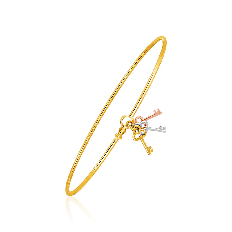 14K Bangle with Yellow  White  and Rose Gold Clover Key Charms