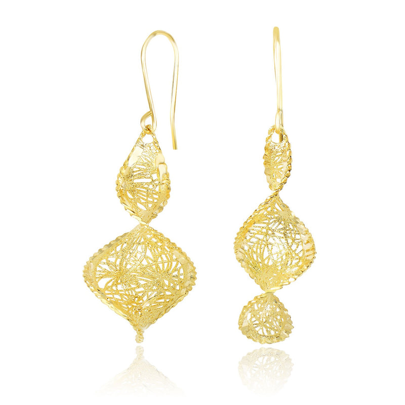 14K Yellow Gold Spiral Earrings with Diamond Cuts and Mesh Design