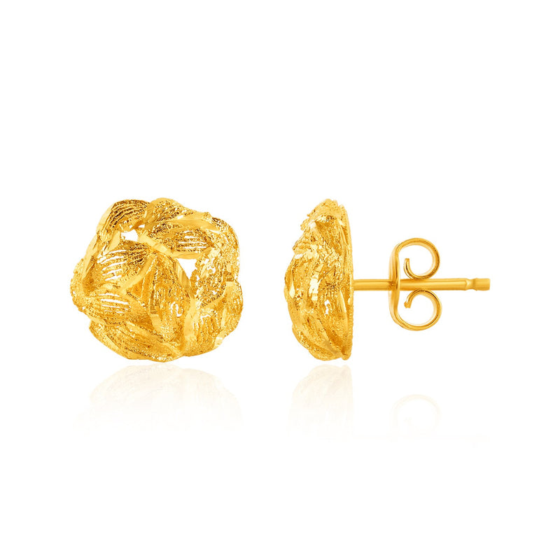 14K Yellow Gold Post Earrings with Diamond Cut Leaf Pattern