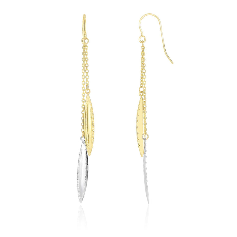 14K Two-Tone Gold Double Strand Chain Diamond Cut Marquis Drop Earrings