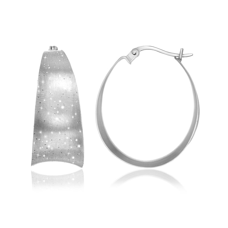 Sterling Silver Diamond Dust Graduated Concave Oval Hoop Earrings