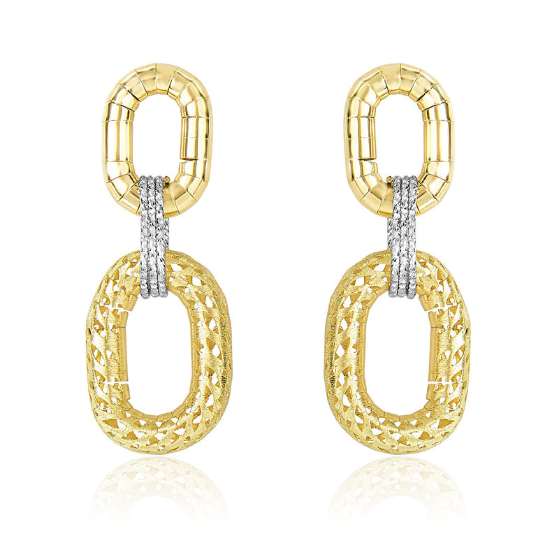 14K Two-Tone Gold Diamond Cut Texture Oval Shape Drop Earrings