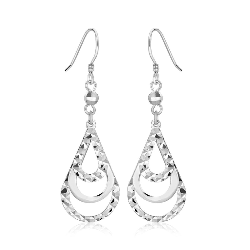 Sterling Silver Textured Graduated Open Teardrop Dangling Style Earrings