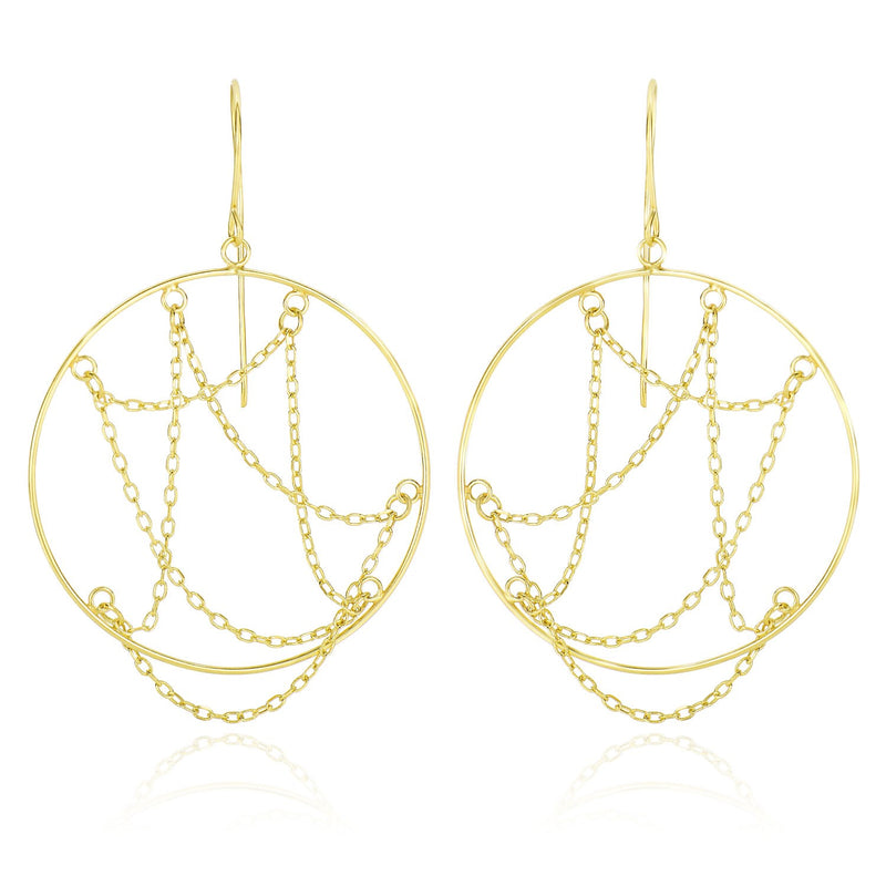 14K Yellow Gold Cable Chain Web Design Open Circle Earrings