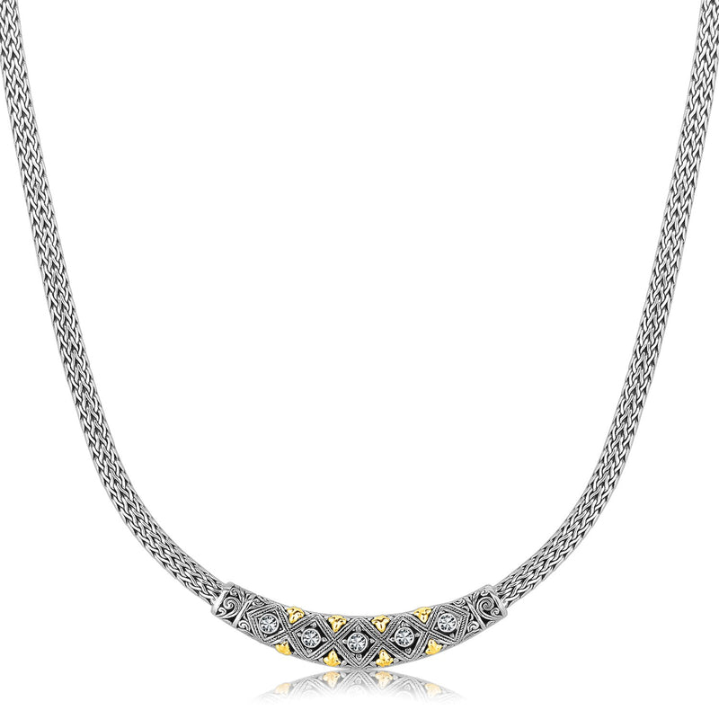 18K Yellow Gold & Rhodium Sterling Silver Baroque Curved Bar Diamond Necklace