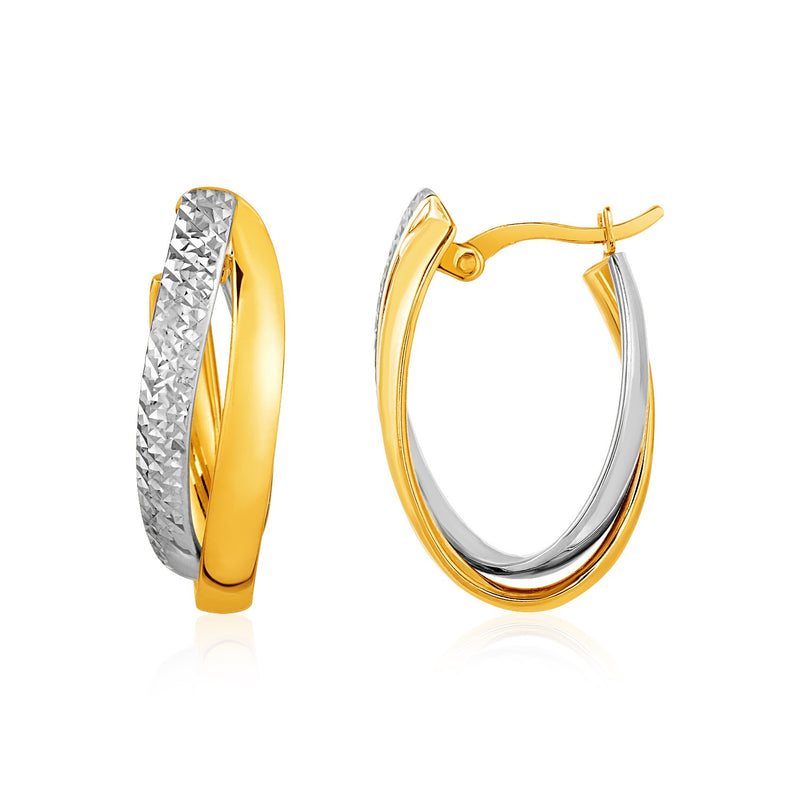 Two-Tone Textured Double Oval Hoop Earrings in 10K Yellow and White Gold