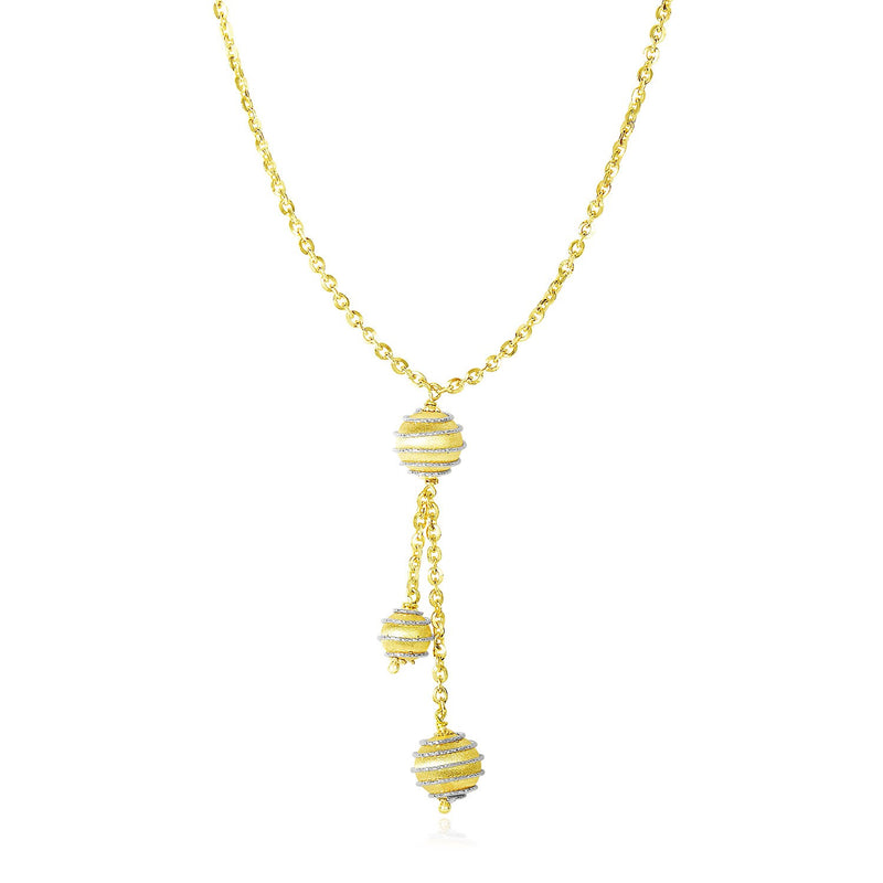 14K Two-Tone Gold Lariat Style Necklace with Coil Wrapped Balls