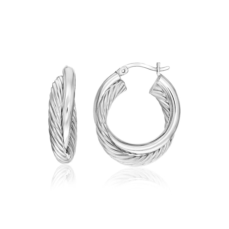 Sterling Silver Round Interlaced Smooth and Textured Hoop Earrings