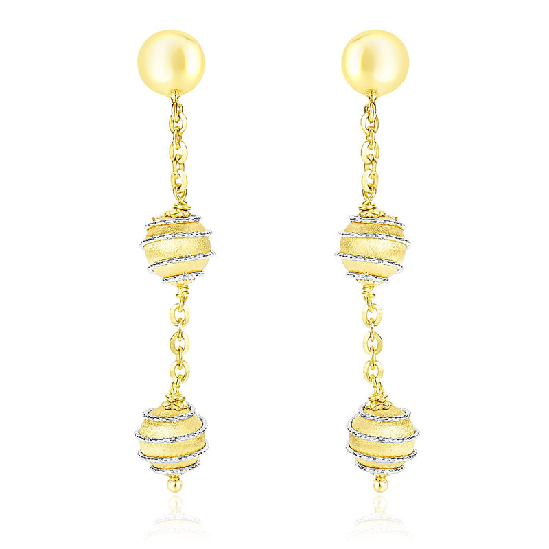 14K Two-Tone Gold Coil Wrapped Ball and Chain Dangling Earrings