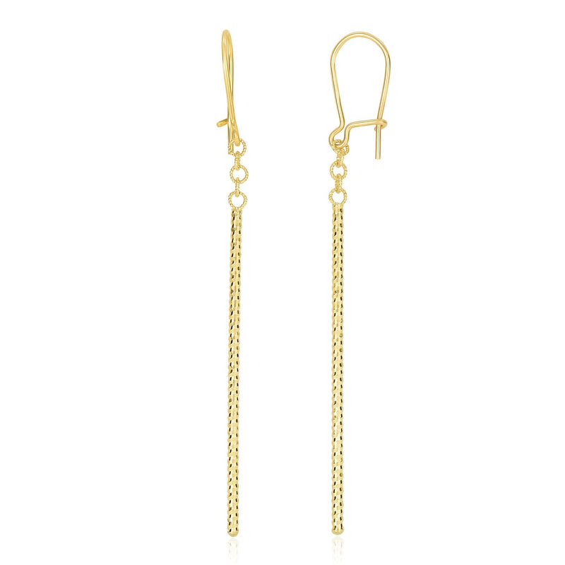 14K Yellow Gold Long Bar Diamond Cut Drop Earrings