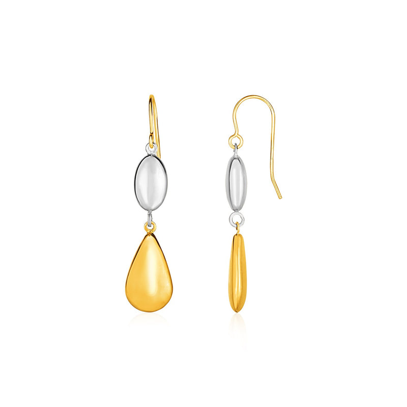 Two-Tone Puffed Oval and Teardrop Drop Earrings in 10K Yellow and White Gold