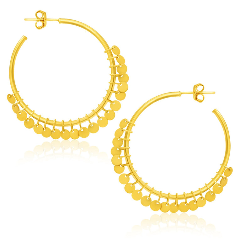 14K Yellow Gold Hoop Style Earrings with Dangling Sequins