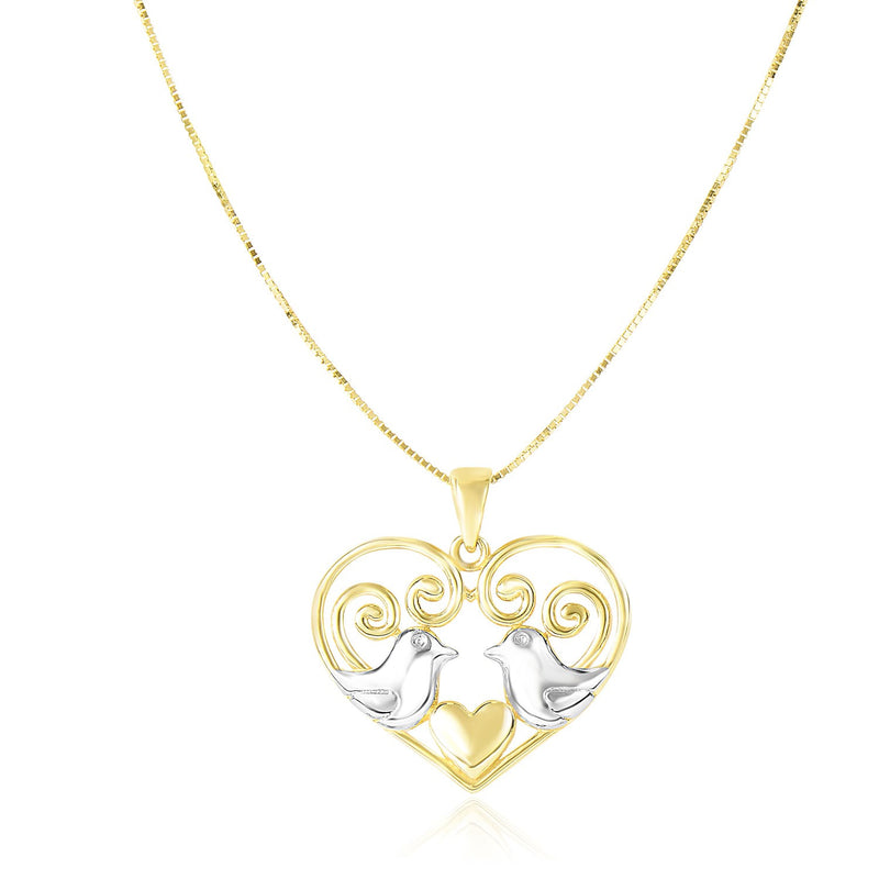 14K Two-Tone Gold Filigree Heart with Doves Pendant