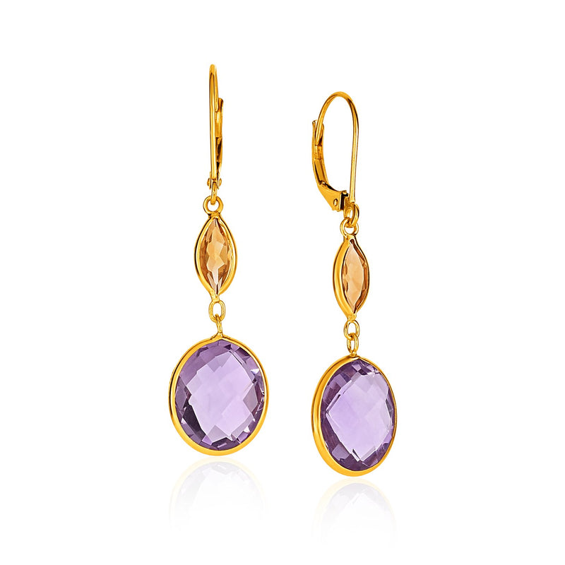 14K Yellow Gold Drop Earrings with Citrine and Amethyst Briolettes