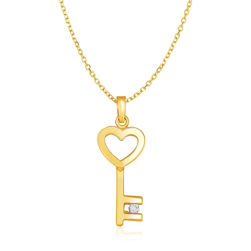 14K Yellow Gold Necklace with Gold and Diamond Heart Key Pendant