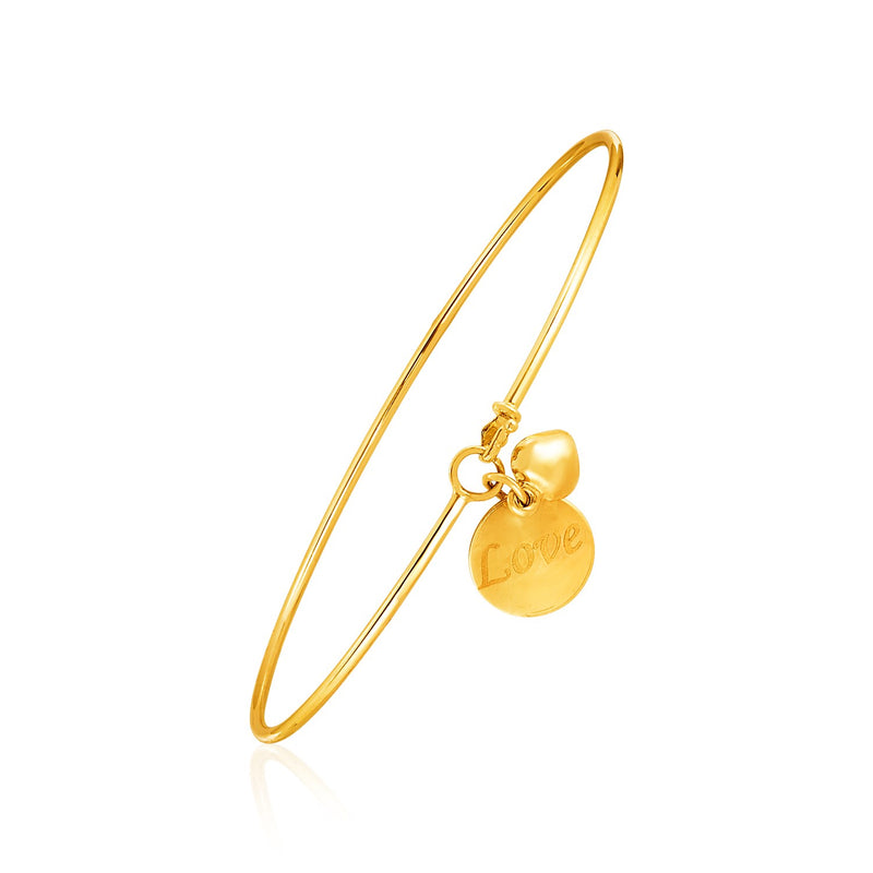 14K Yellow Gold Bangle with Engraved ''Love'' and Puffed Heart Charms