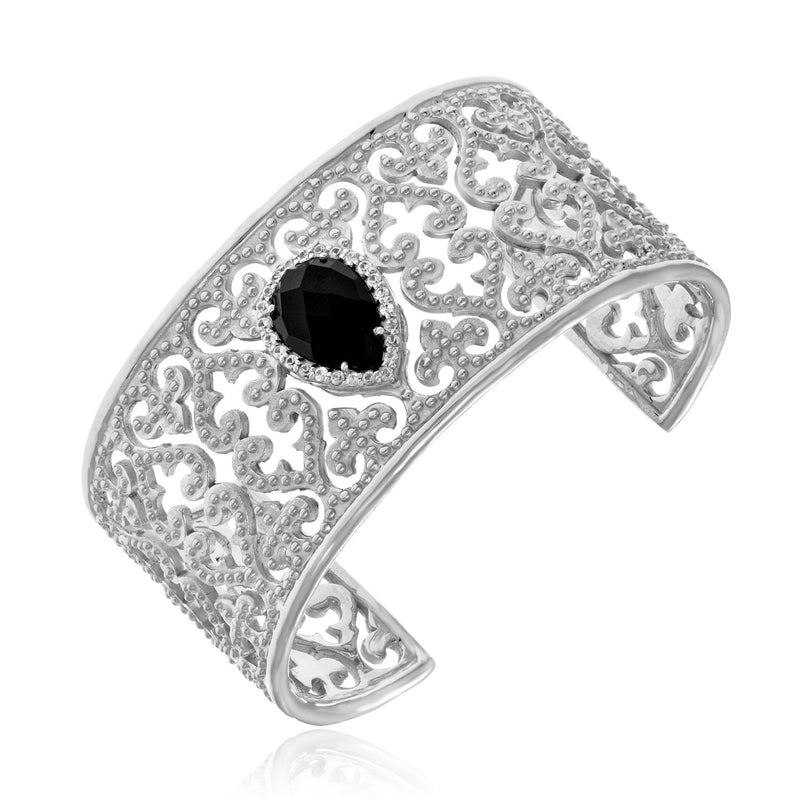 Sterling Silver Open Byzantine Cuff with Black Onyx and White Sapphires