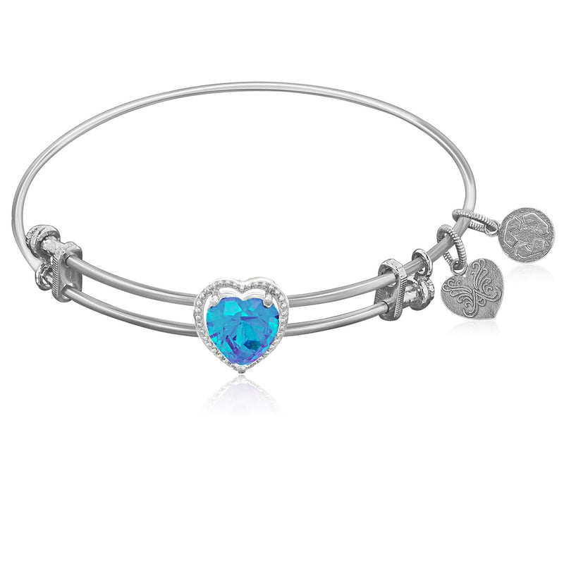 Expandable White Tone Brass Bangle with Lite Blue CZ Heart Symbol