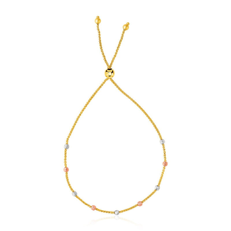 14K Tri-Color Gold Textured Bead Station Lariat Bracelet