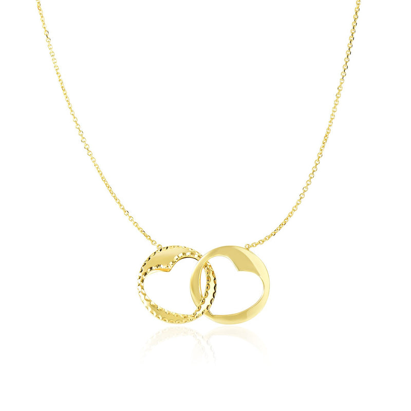 14K Yellow Gold Necklace with Interlaced Heart Design Round Charms