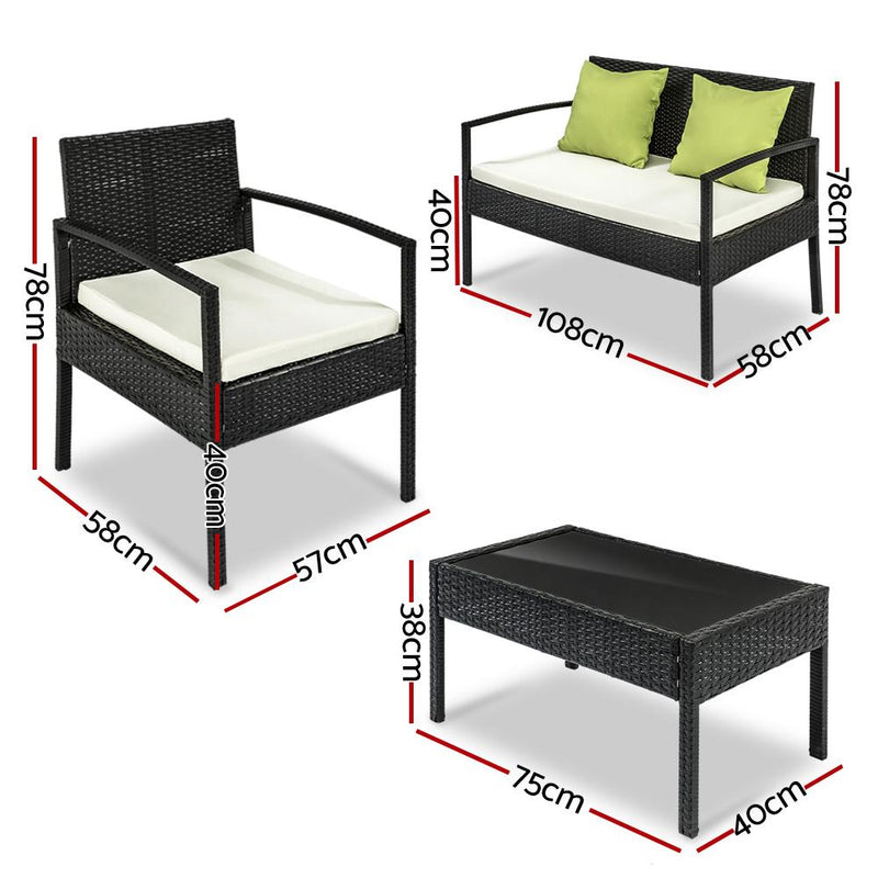 4 Seater Sofa Set Outdoor Furniture Lounge Setting Wicker Chairs Table Rattan Lounger Bistro Patio Garden Cushions Black