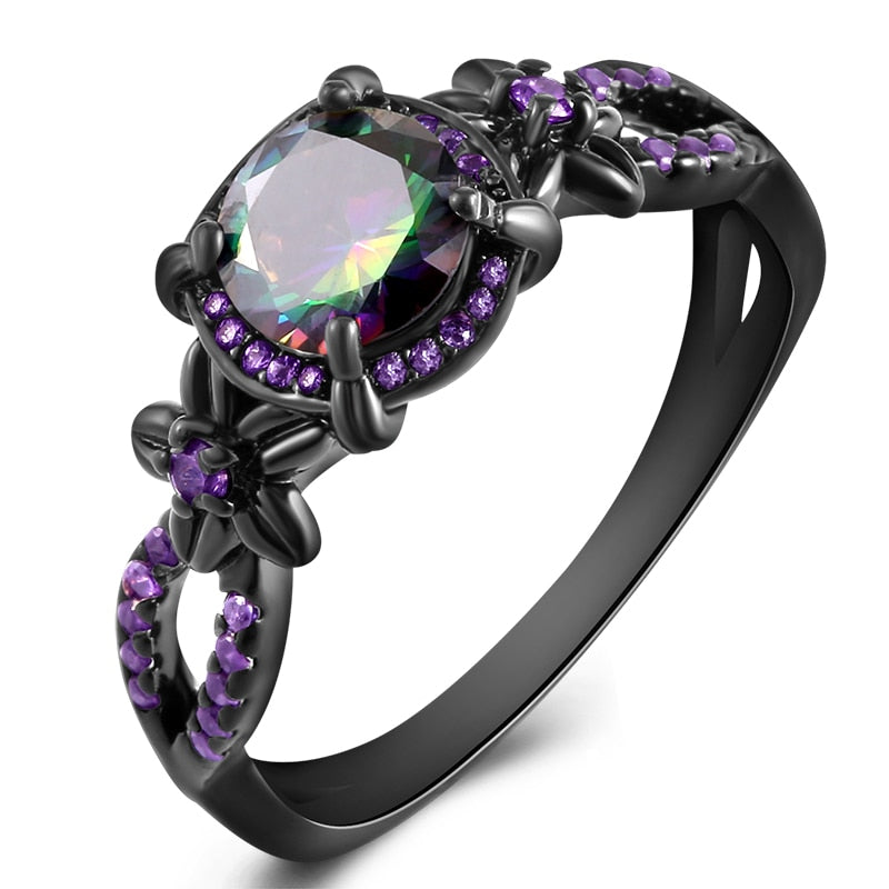 Black Gun Plated Natural Crystal Birthstone Women Rings