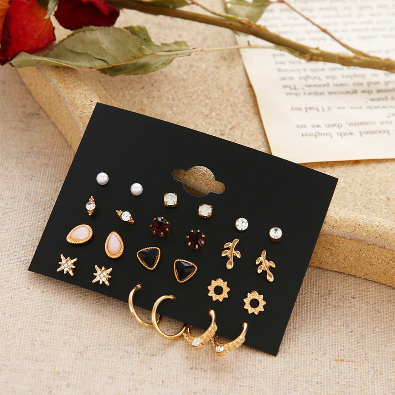 12 Pairs Flower Women'S Earrings Set Pearl Crystal Stud