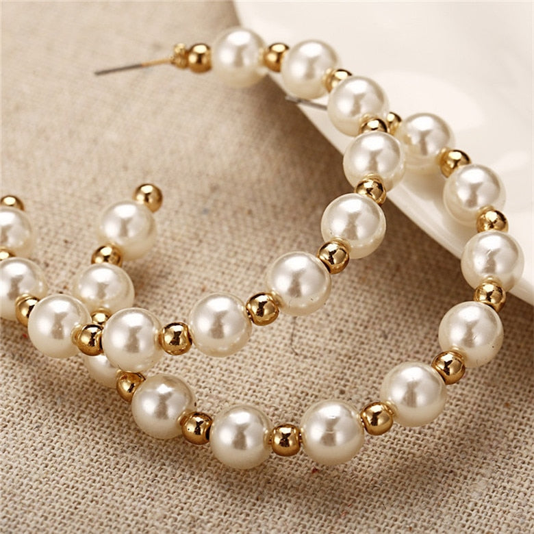 Simple Plain Gold Color Metal Pearl Hoop Earrings