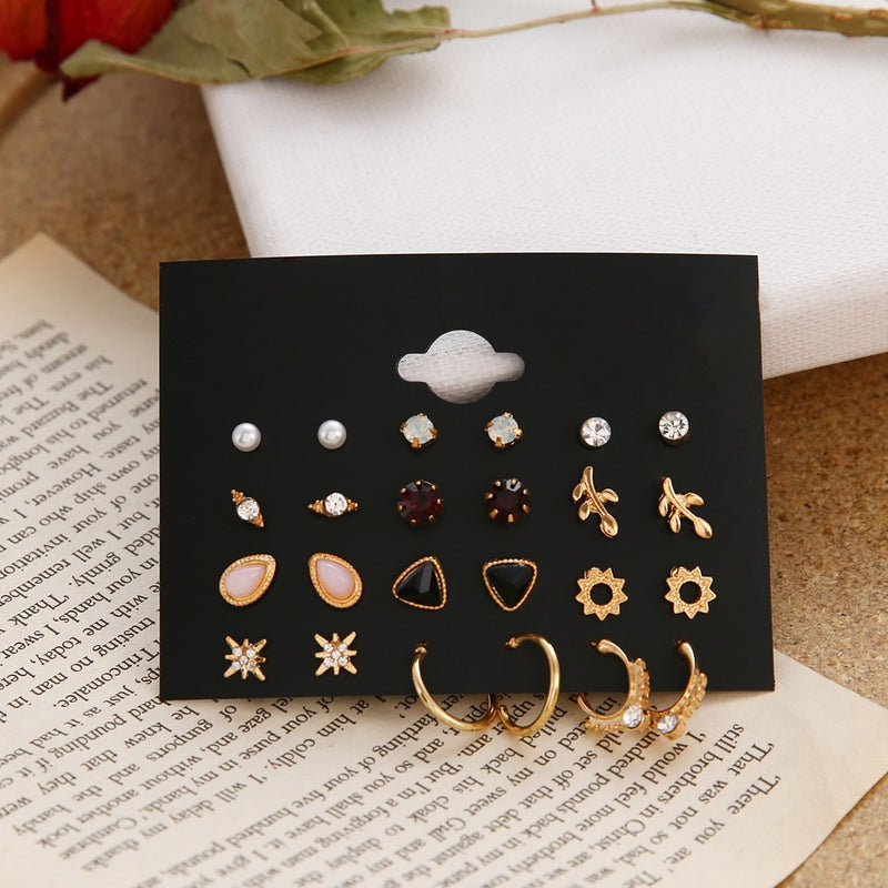 12 Pairs Flower Women'S Earrings Set Pearl Crystal Stud