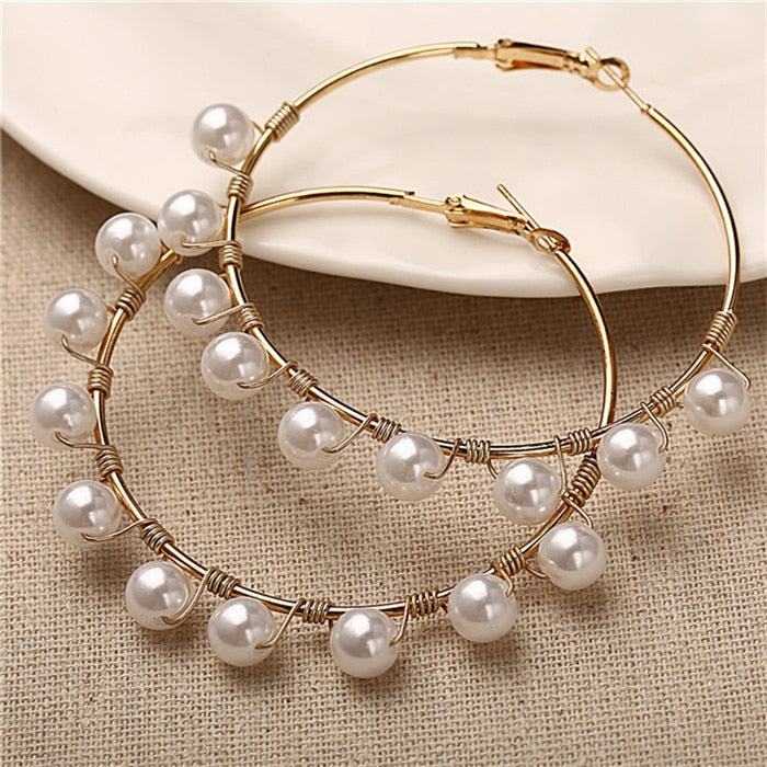 Simple Plain Gold Color Metal Pearl Hoop Earrings