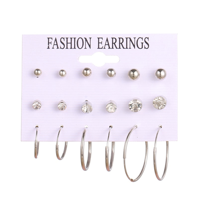 12 Pairs Flower Women'S Earrings Set Pearl Crystal Stud