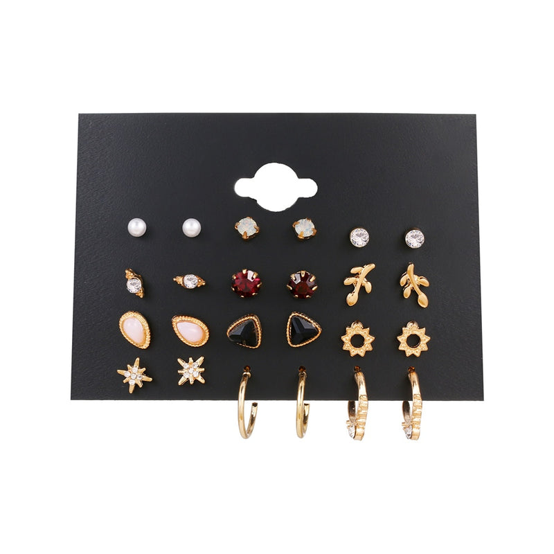 12 Pairs Flower Women'S Earrings Set Pearl Crystal Stud