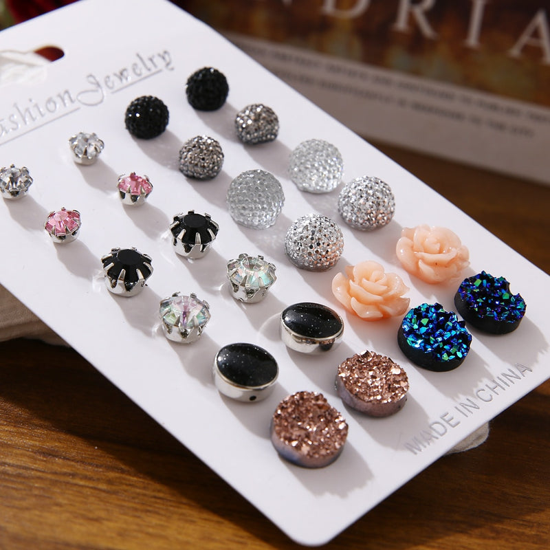 12 Pairs Flower Women'S Earrings Set Pearl Crystal Stud