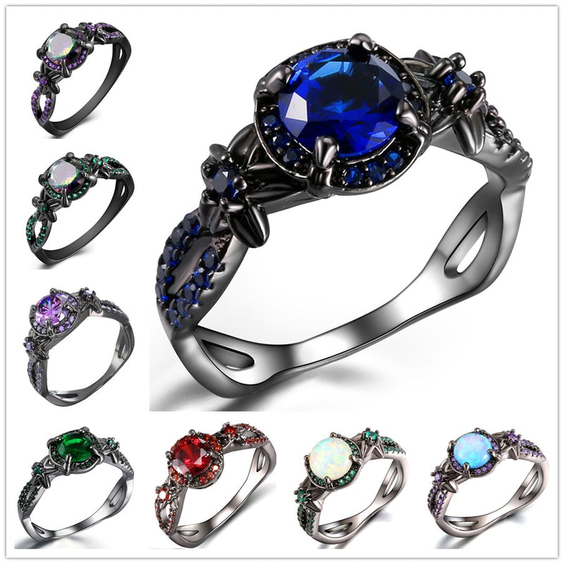 Black Gun Plated Natural Crystal Birthstone Women Rings