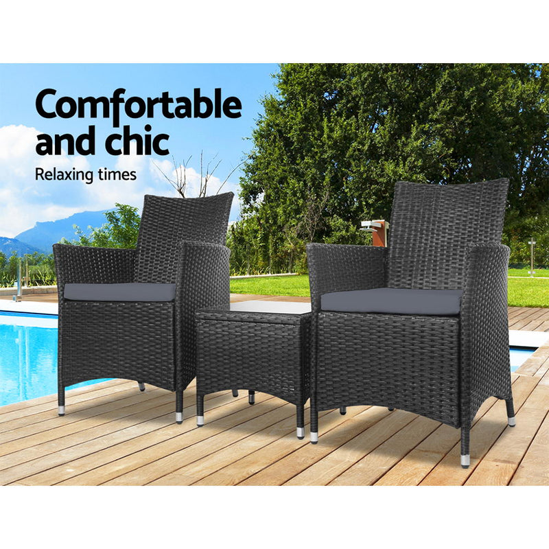 Gardeon 3 Piece Wicker Outdoor Furniture Set - Black